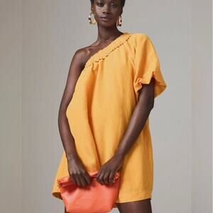 By Anthropologie One Shoulder Waistless Linen Blend Mini Dress In Orange